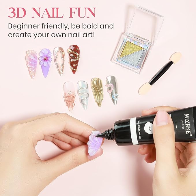 MIZHSE 3D Nail Gel 30G Clear 3D Gel Nail Art 3D Sculpting Gel with Chrome Powder for Nail Art Nail Design Molding Gel for Nails No Wipe Nail Supply U V LED Gel Polish for Nail Art Sculpture Home DIY