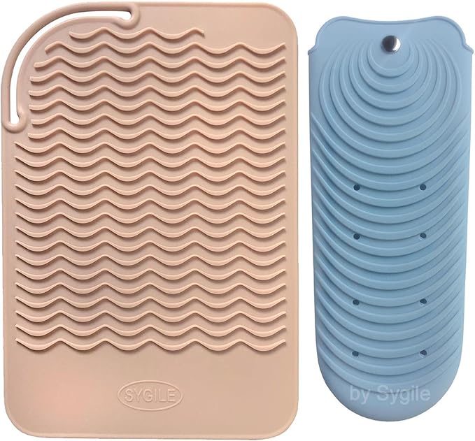 2in1 11" X 7.5" Blush Pink Large Heat Resistant Silicone Mat, Anti-Heat Travel Pad and Dusty Blue Pouch for Hair Straighteners, Curling Irons, Flat Irons and Hair Styling Tools Holder