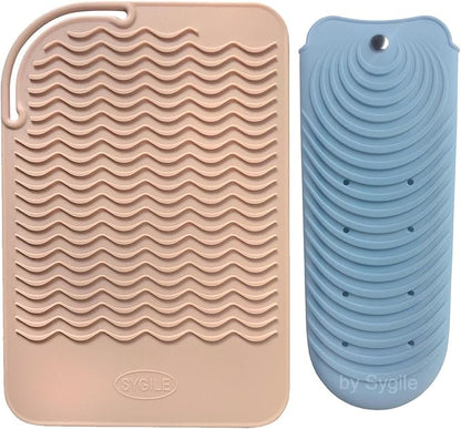2in1 11" X 7.5" Blush Pink Large Heat Resistant Silicone Mat, Anti-Heat Travel Pad and Dusty Blue Pouch for Hair Straighteners, Curling Irons, Flat Irons and Hair Styling Tools Holder