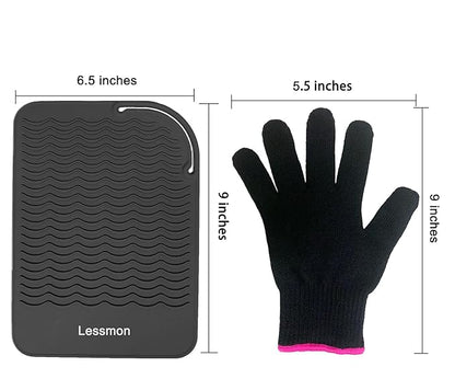 Flat Iron Travel Mat, Curling Iron Counter Protector with Heat Resistant Glove for Curling Irons, Hair Straightener, Flat Irons and Hair Styling Tools, 9” x 6.5”, Black by Lessmon