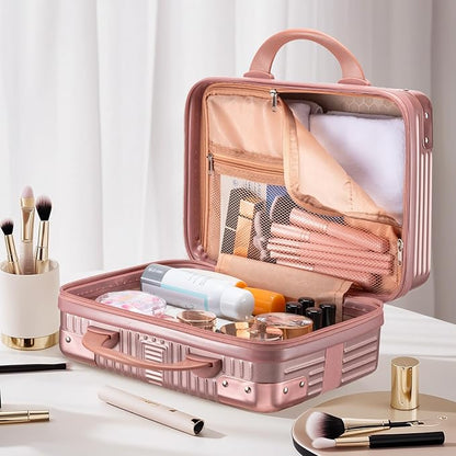 Noverlife 14 Inch Portable Makeup Travel Case Hand Luggage, Pressure-proof ABS Carrying Makeup Case Suitcase with Elastic Band, Small Hard Shell Cosmetic Case for Travel Camping Women Girl - Rose Gold