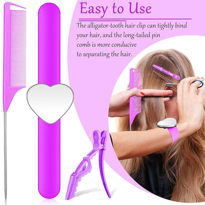 22 Pieces Magnetic Wrist Sewing Pincushion with Braiding Tools, Stainless Steel Pintail Rat Tail Comb, Wide Teeth Alligator Sectioning Clip, and Hair Parting Ring for Hair (Purple)