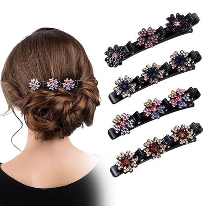 4PCS Sparkling Crystal Stone Braided Hair Clips, Shiny Fancy Hair Clips Elegant Four-Leaf Clover Braided Hair Clips for Women Styling, Braid Rhinestone Hair Accessories for Women Girls