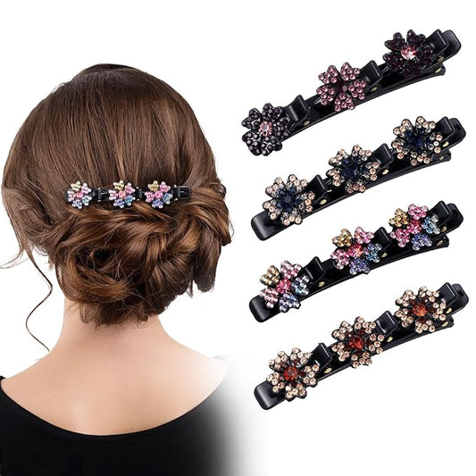 4PCS Sparkling Crystal Stone Braided Hair Clips, Shiny Fancy Hair Clips Elegant Four-Leaf Clover Braided Hair Clips for Women Styling, Braid Rhinestone Hair Accessories for Women Girls