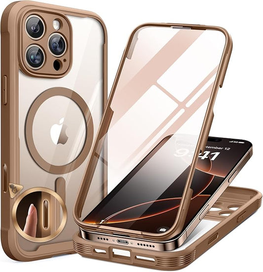 Miracase Magnetic for iPhone 16 Pro Case Full-Body Phone with Built-in Glass Screen Protector, [Compatible with MagSafe] Military Drop Proof 16 Pro Cover Bumper 6.3 inch, Gold Brown