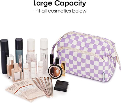 Narwey Checkered Makeup Bag Women Wide-open Make up Bag Travel Cosmetic Bag Organizer Toiletry Bag for Cosmetics Toiletries Accessories (Purple Checkerboard)