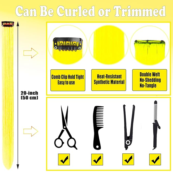12 PCS Yellow Hair Extensions Clip in, 20 Inch Colored Party Synthetic Neon Highlights Extensions, Rainbow Hair Accessories for Girls Women Kids Hair Pieces (Yellow)