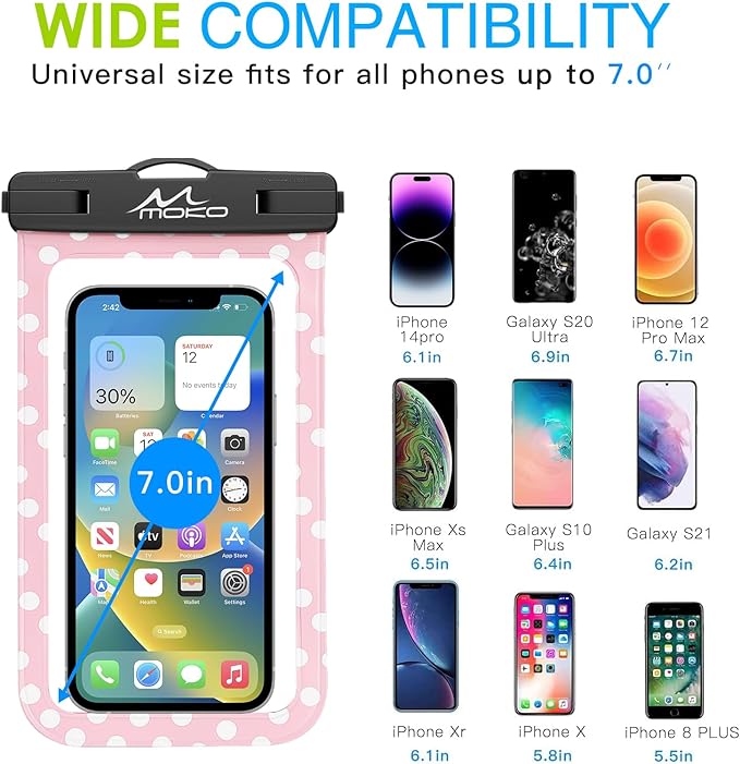 MoKo Waterproof Phone Pouch Holder, Cellphone Case Dry Bag with Lanyard Armband Compatible with iPhone 16 15 14 13 12 11 Pro Max, Samsung S24/S23/S21/S20/S10, Pink dots