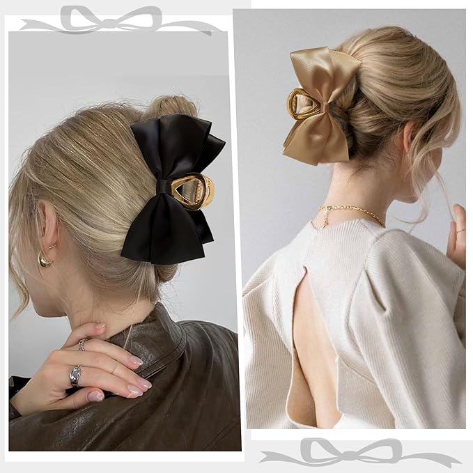 3PCS Metal Claw Hair Clips for Women & Girls - Premium Bow-knot Nonslip Claw Clips for Thick & Thin Hair, Big Bows (Black, White, Khaki)