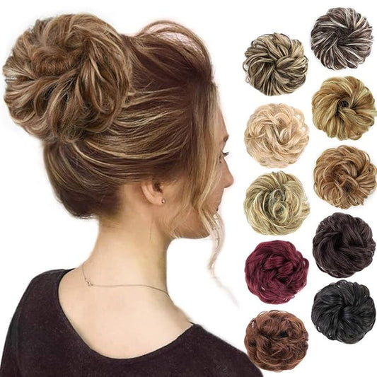 MORICA 1PCS Messy Hair Bun Hair Scrunchies Extension Curly Wavy Messy Bun Hair Synthetic Chignon Hairpieces for Women(12H24#(Light Golden Brown & Pale Golden Blonde))