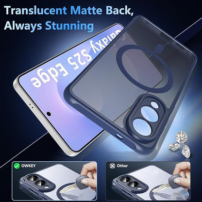 OWKEY for Samsung Galaxy S25 Edge Case 6.65'',Magnetic S25 Edge Case for Magsafe with Tempered Glass Screen, [Shockproof Military] Translucent Back Slim Bumper Cover Phone Case Galaxy s25 Edge,Blue