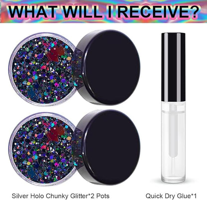 Black Holographic Chunky Glitter Cosmetic Body Hair Face Eye Nail for Festival Carnival Concert Party Beauty Rave Accessories Different Sizes&Shapes 2 Pots 14g/0.5oz+ Quick Dry Primer Glue Gel
