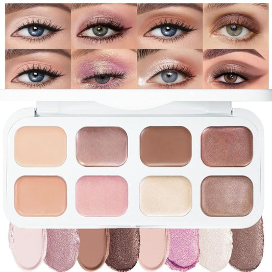 evpct 8 Colors Cream Eye Shadow Palette Makeup for Older Women, Nude Rose Pink Coffee Beige Brown Matte Shimmer Glitter Metallic Dual Eyeshadow Palette Pot creme, Eye Brightener Makeup Highlighter