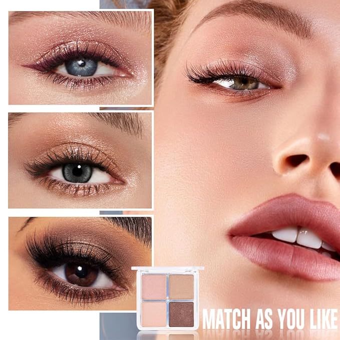 4 Colors Dark Nude Brown Off-White Light Pink Eye Shadow Palette Makeup, Neutral Matte Shimmer Eyeshadow Palette for Women Highly Pigmented Waterproof, paleta de sombras de ojos, Vegan&Cruelty-free 06