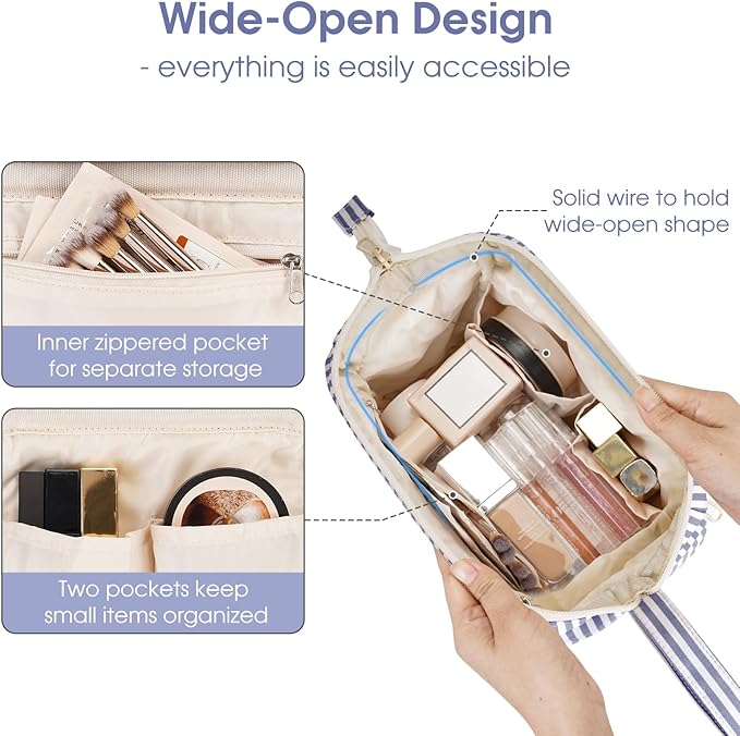 Narwey Striped Wide Open Makeup Bag Women, Travel Toiletry Bag for Women Cosmetic Bag Organizer Make up Bags with Compartments, Gift for Teen Girls (Greyish Blue Stripe)