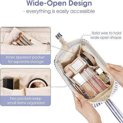 Narwey Striped Wide Open Makeup Bag Women, Travel Toiletry Bag for Women Cosmetic Bag Organizer Make up Bags with Compartments, Gift for Teen Girls (Greyish Blue Stripe)