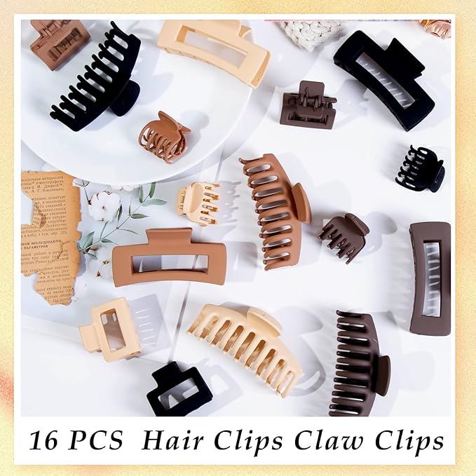 16 PCS 4.4" Large Hair Clips,Claw Clips,FDBJulyy Hair Clips for Women & Girls,4 Styles 4 Colors 16 Pack Strong Hold Matte Claw Hair Clip for Women Thick Hair & Thin Hair, 90's Vintage