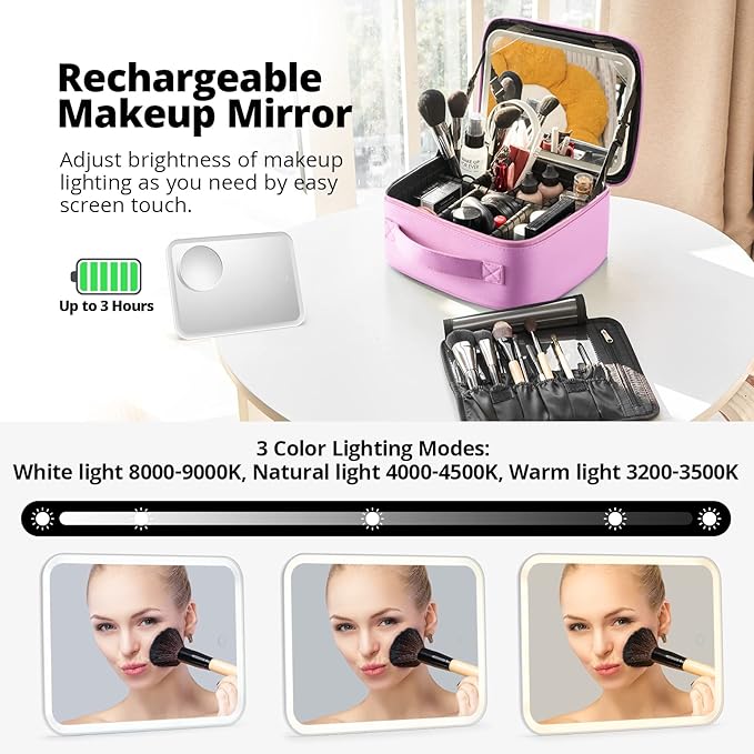 Omobolanle Makeup Bag with Mirror Led Light Detachable Portable Make up Travel Train Case with Adjustable Dividers and 10x Magnifying Mirror Pink