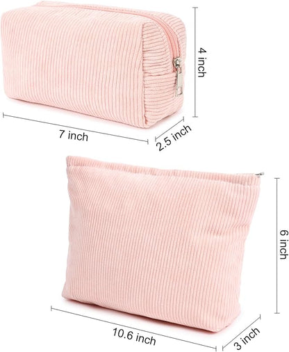 2 Pieces Makeup Bag Large Corduroy Cosmetic Bag Capacity Canvas Mix Travel Toiletry Bag Organizer Cute Makeup Brushes Aesthetic Accessories Storage Bag for Women, Corduroy Mix Pink