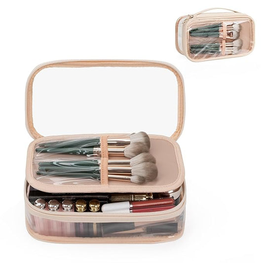 OCHEAL Clear Makeup Bag, Portable Makeup Storage Organizer Cosmetic Bag, Travel Makeup Bag Cute Clear Pouch For Women and Girls Cosmetics Bags with Divider Makeup Brush Compartment- Clear Beige