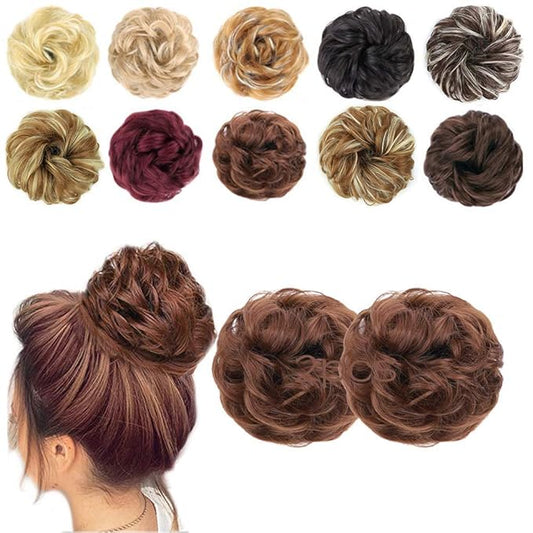 MORICA 2PCS Messy Bun Hair Piece, Fake Hair Messy Bun Scrunchies For Thin Hair Extension Curly Wavy Synthetic Chignon Ponytail Hair Pieces for Women(Light Auburn#)