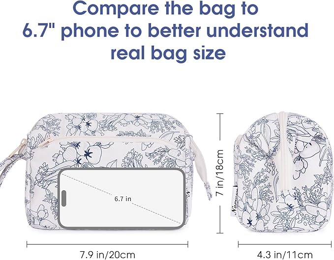 Narwey Women Makeup Bag Wide-open Make up Bag Travel Cosmetic Organizer Toiletry Bag for Cosmetics Toiletries Accessories (Navy Blue Flower)