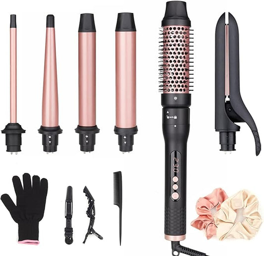 6 in 1 Curling Iron, Curling Wand Set with Curling Brush, Flat Iron and 4 Interchangeable Ceramic Barrels (0.5"-1.25"), Instant Heat Up, Dual Voltage Hair Curler, Include Glove