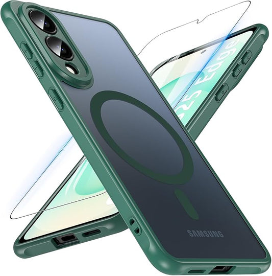 OWKEY for Samsung Galaxy S25 Edge Case 6.65'',Magnetic S25 Edge Case for Magsafe with Tempered Glass Screen, [Shockproof Military] Translucent Back Slim Bumper Cover Phone Case Galaxy s25 Edge,Green