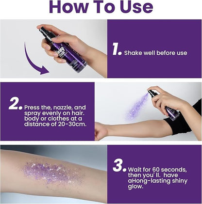 MAEPEOR Body Glitter Spray Long Lasting Shiny Glitter Spray Quick-Drying Shimmer Glitter Spray for Face Body Hair Clothes (100ml, Purple)