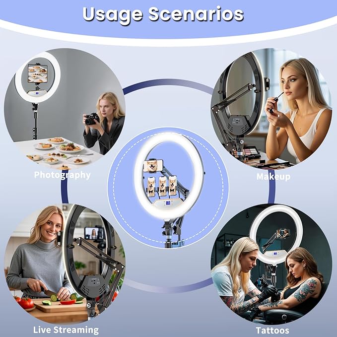 22" Foldable Large Ring Light with Stand for iPhone iPad,75" Tripod with Overhead Shooting Bracket 50W 6500K 4 Clips/LCD Display/2 USB PortsTattoo Barber Makeup Studio Video Photography Lighting