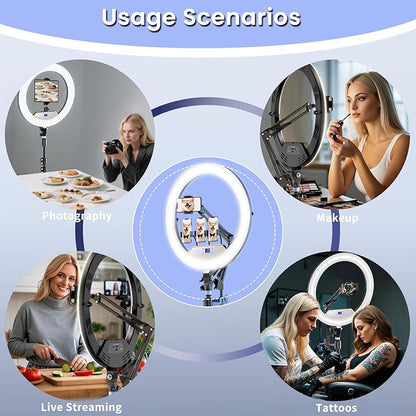22" Foldable Large Ring Light with Stand for iPhone iPad,75" Tripod with Overhead Shooting Bracket 50W 6500K 4 Clips/LCD Display/2 USB PortsTattoo Barber Makeup Studio Video Photography Lighting