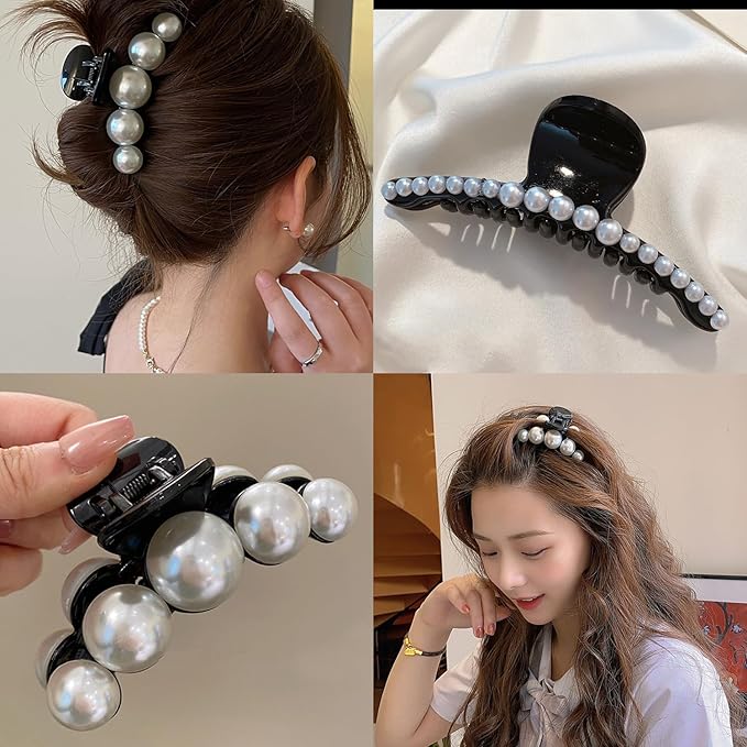 Mehayi 4 PCS Large Black Pearl Hair Claw Clips for Women Girls, Hair Barrette Clamps for Thick Thin Hair, Fashion Hair Accessories Headwear Styling Tools for Party Wedding