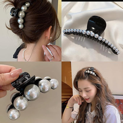 Mehayi 4 PCS Large Black Pearl Hair Claw Clips for Women Girls, Hair Barrette Clamps for Thick Thin Hair, Fashion Hair Accessories Headwear Styling Tools for Party Wedding