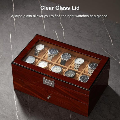 20-Slot Wooden Watch Box, Wood Watch Case with Glass Lid, 2 Layer Storage Organizer for Men Women, Velvet Lining, Watch Display Box, Mother's Day Gifts