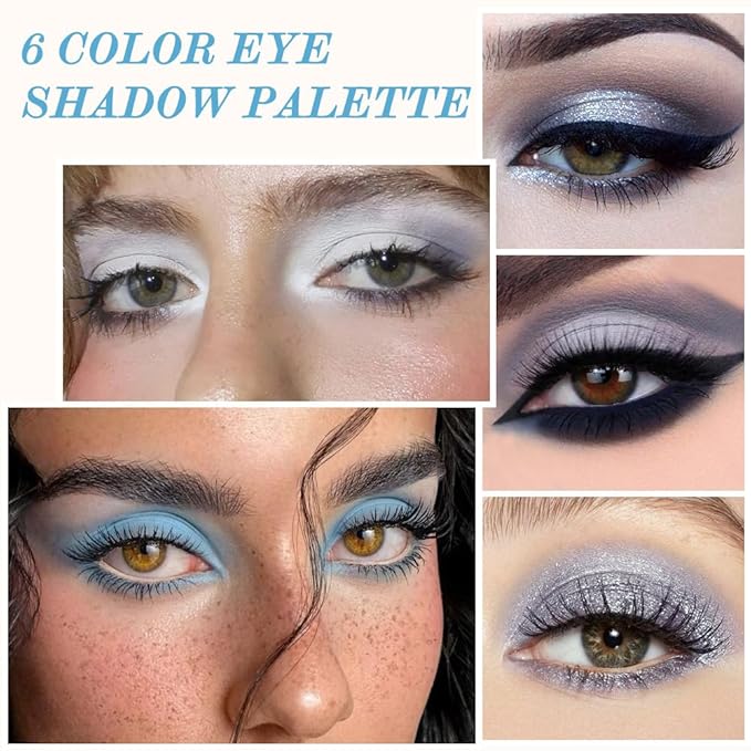 6 Colors Glitter Matte Eyeshadow Palette, Light White Sky Blue Gray Silver Black Sparkly Eyeshadow Palette Makeup, Warm Eye Shadows Palette Long Lasting Naturing-Looking Women Girls Eye Shadow 03