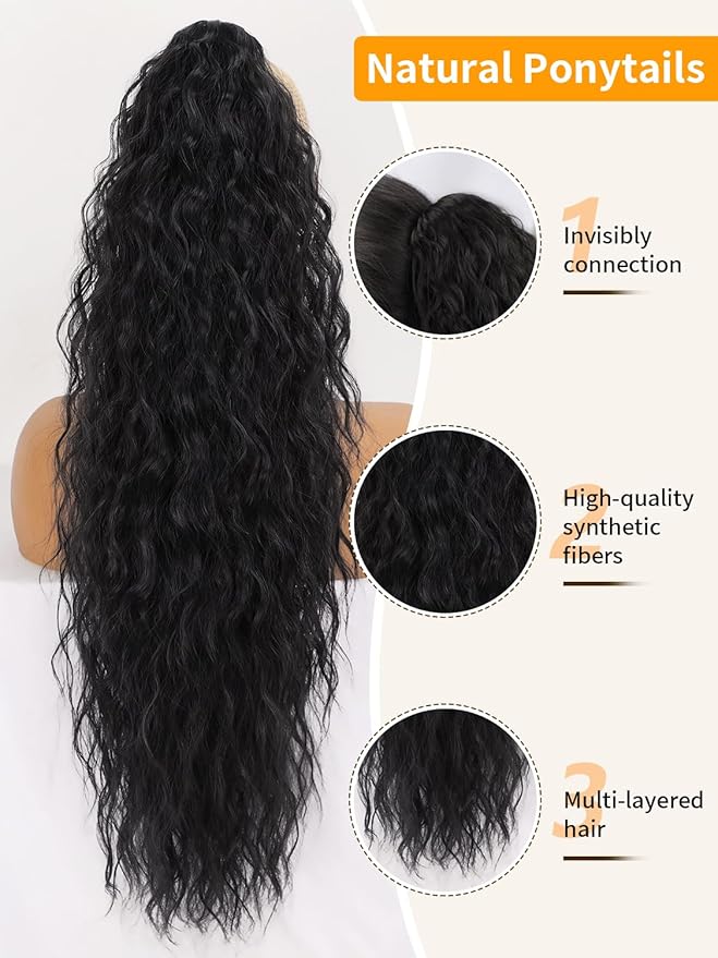 ORSUNCER Ponytail Extension Claw 30" Curly Pony Tail Clip in Hair Extensions Fluffy Natural Looking Synthetic Hairpiece for Women Black