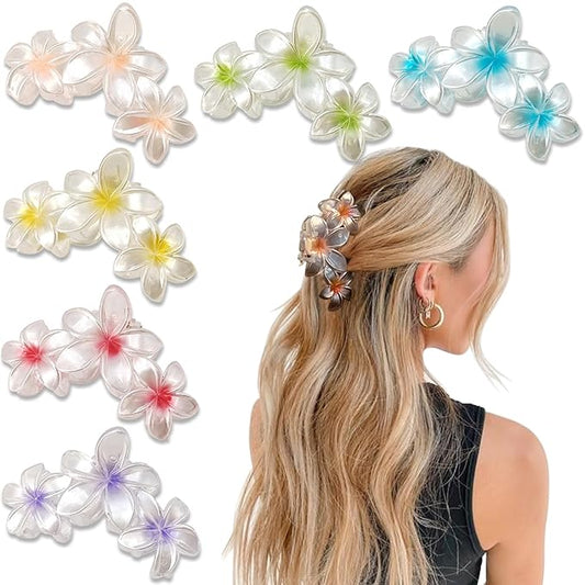 6Pcs Flower Hair Clips for Women, Non-Slip Matte Hawaiian Plumeria Hair Accessories, Large Banana Cute Clip Beach Flower (Pearlescent Color)
