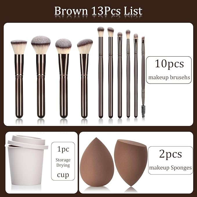 10Pcs Makeup Brush Set With Sponges And Drying/Storage Case，Best Gift For Women/Girls, Used For Powder, Foundation, Highlight, Eye Shadow, Concealer, Etc., Suitable For Beginners (Coffee 13pcs)