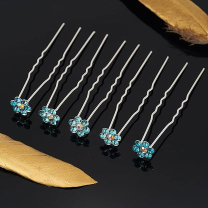 20 Pack (Blue) Crystal Flower Hair Pins Rhinestone Hair Clips for Bridal Wedding Women Hair Jewelry Accessories, with Clear Container