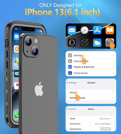 Design for iPhone 13 Case Waterproof, Full Body Underwater Dustproof Shockproof Case Built-in Screen Protector 6.1'' - Clear