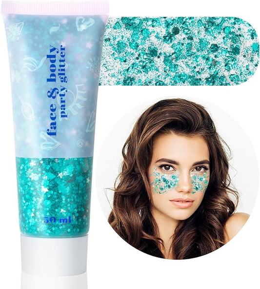 MEICOLY Teal Body Glitter, Mermaid Face Glitter Gel for Halloween, Paint, Dazzle Green Chunky Glitter for Body Eye Lip Hair, Sparkling Holographic Gel Makeup for Women and Kids