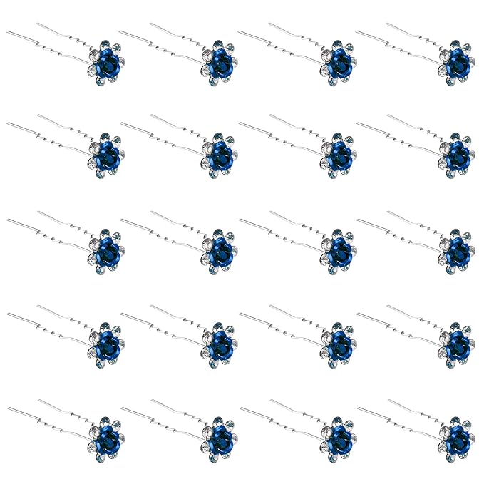 20 Pack (Navy) Crystal Hair Pins Rose Flower Rhinestone Hair Clips for Bridal Wedding Women Hair Jewelry Accessories, with Clear Container