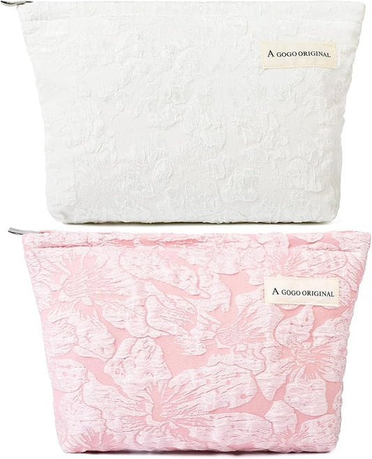 2 Pieces Flower Makeup Bag Large Floral Cosmetic Bag Capacity Canvas Travel Toiletry Bag Organizer Cute Makeup Brushes Aesthetic Accessories Storage Bag for Women, Flower L White Pink