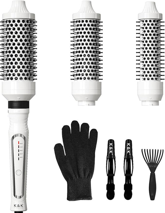 K&K 3 in 1 Thermal Brush Set, Ceramic Hot Brush, Fast Heating Curling Wand for Short, Medium & Long Hair, 5 Temperature Adjustment, Dual Voltage