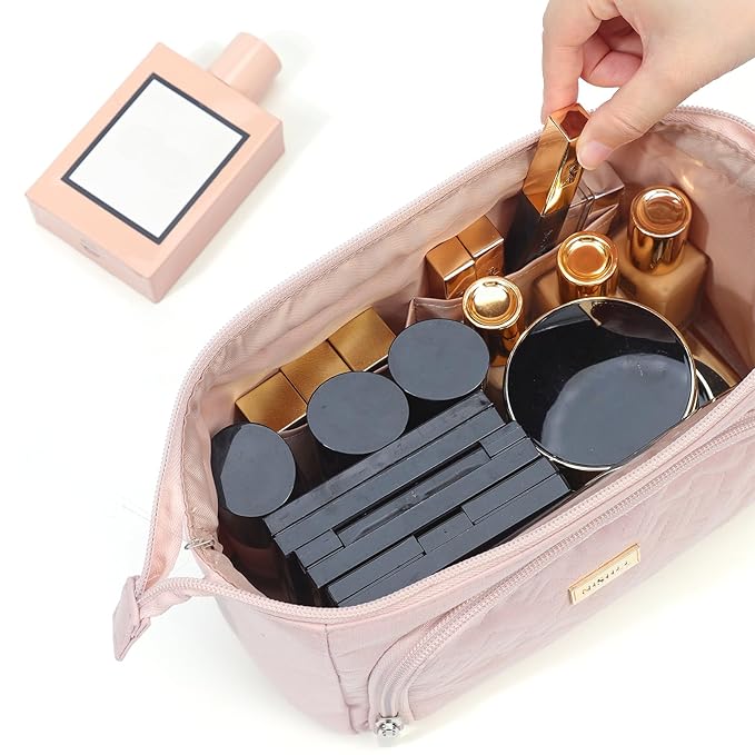NISHEL Travel Makeup Bag for Women with Custom Front Pockets, Large Wide-open Case, Portable Essentials Organizer To Hold Travel-Size Accessory Bottles, Cosmetics, Brushes And More, Pink