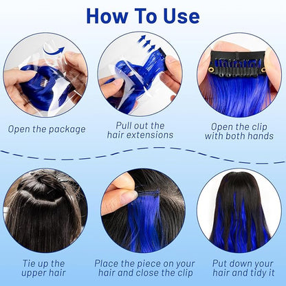 16 Pcs Colored Hair Extensions Curly Wavy Clip in Synthetic Hairpiece Streak for Girls Women Kid, Multi-colors Party Highlights Cosplay Festival Gift(Blue)
