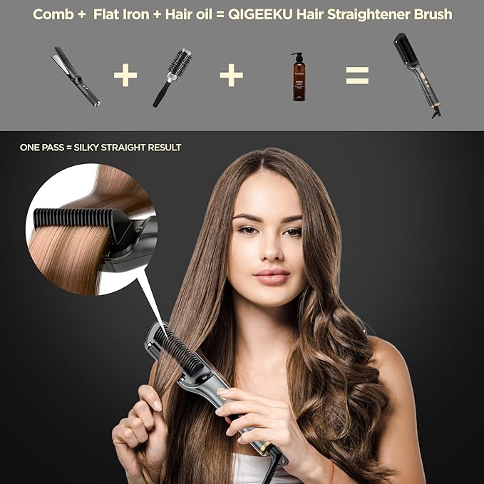 Hair Straightener Brush, Negative Ion Flat Iron & Straightening Comb 2 in 1 with Convenient Comb, Fast Heating, Anti-Scalding, 30s Fast Heating, 5 Temp Settings 284℉ - 392℉ (Gold Gray)