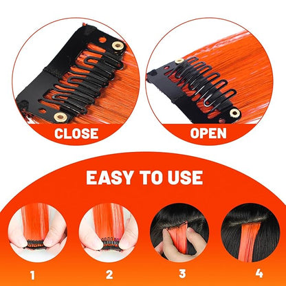 22 inch Colored Hair Extensions, Multi-colors Party Highlights Clip in Synthetic Hairpiece for Halloween Girl Women Kids Party Gift(10 PCS Orange)