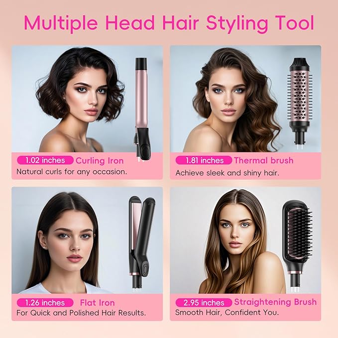 Nicebay Hair Straightening Brush Set with Thermal Brush Flat Iron, 1 Inch Ceramic Curling Iron, 5 Adjustable Temps Professional Fast Heat with Glove, Dual Voltage for Travel, Women Gifts