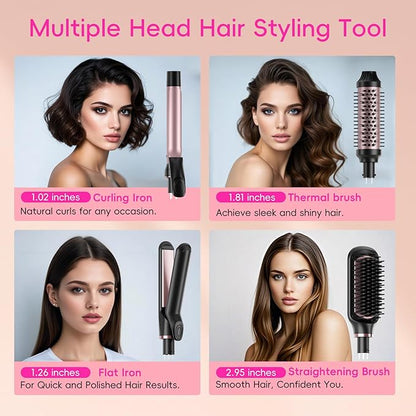 Nicebay Hair Straightening Brush Set with Thermal Brush Flat Iron, 1 Inch Ceramic Curling Iron, 5 Adjustable Temps Professional Fast Heat with Glove, Dual Voltage for Travel, Women Gifts